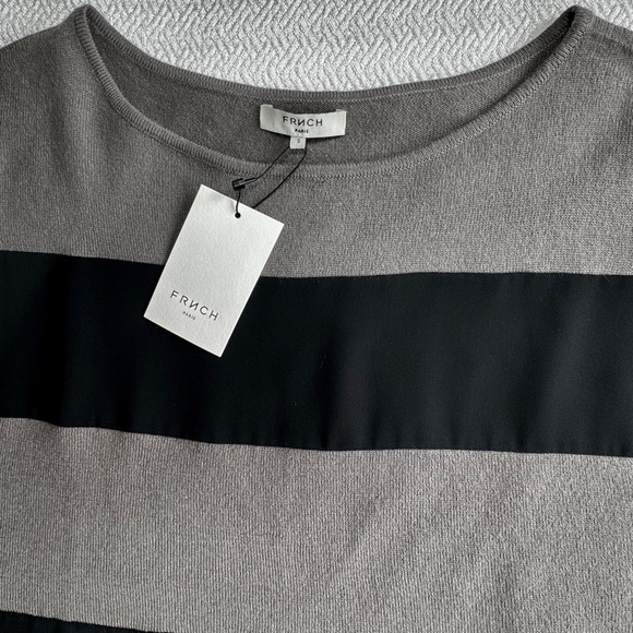 NWT FRNCH Simon’s Grey Wool-blend Black Chiffon Stripes Short Sleeve Top Sz S - Picture 6 of 9